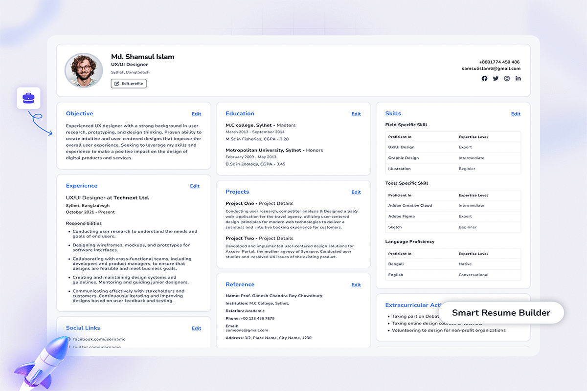 Journey Makers platform resume builder interface showing user profile, experience, education, skills, projects, and references in a clean, modern UI design.