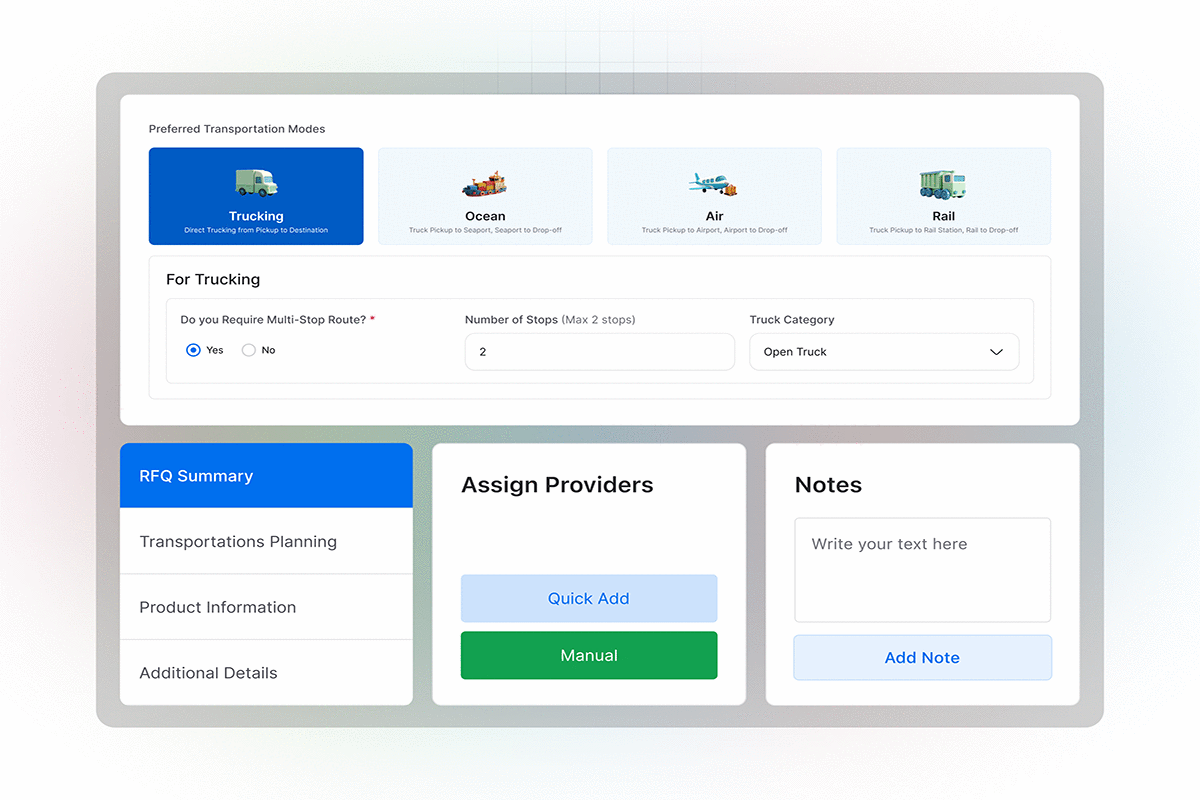 Digital logistics platform UI showing transportation mode selection, trucking workflow setup, provider assignment and RFQ summary dashboard