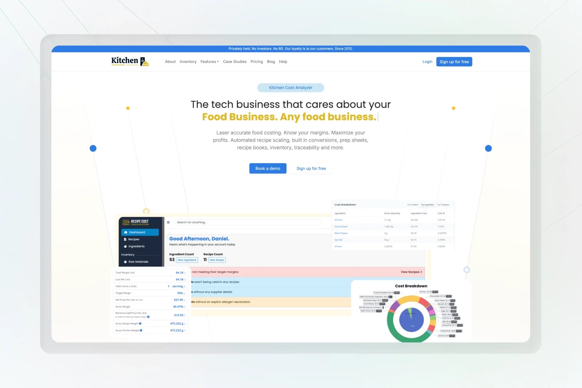 Recipe Cost Calculator dashboard showing food cost analysis, ingredient breakdown, and recipe management interface