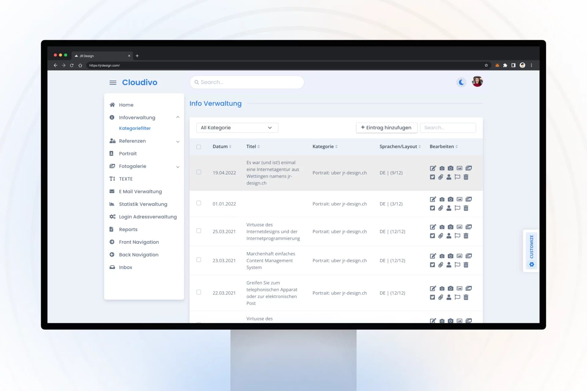 Admin dashboard interface for a swiss tech brand showing information management table with categories, dates, language status, and edit actions, alongside a left sidebar navigation.