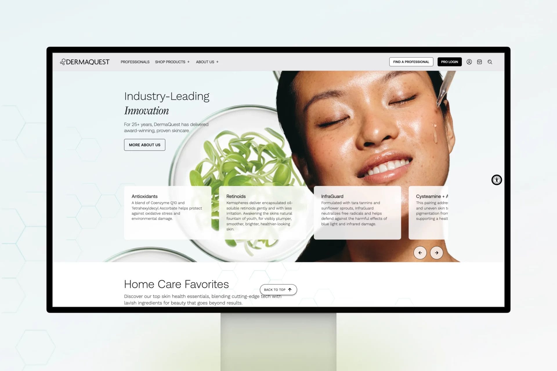 DermaQuestInc Shopify website landing page showing stunning hero section with navbar