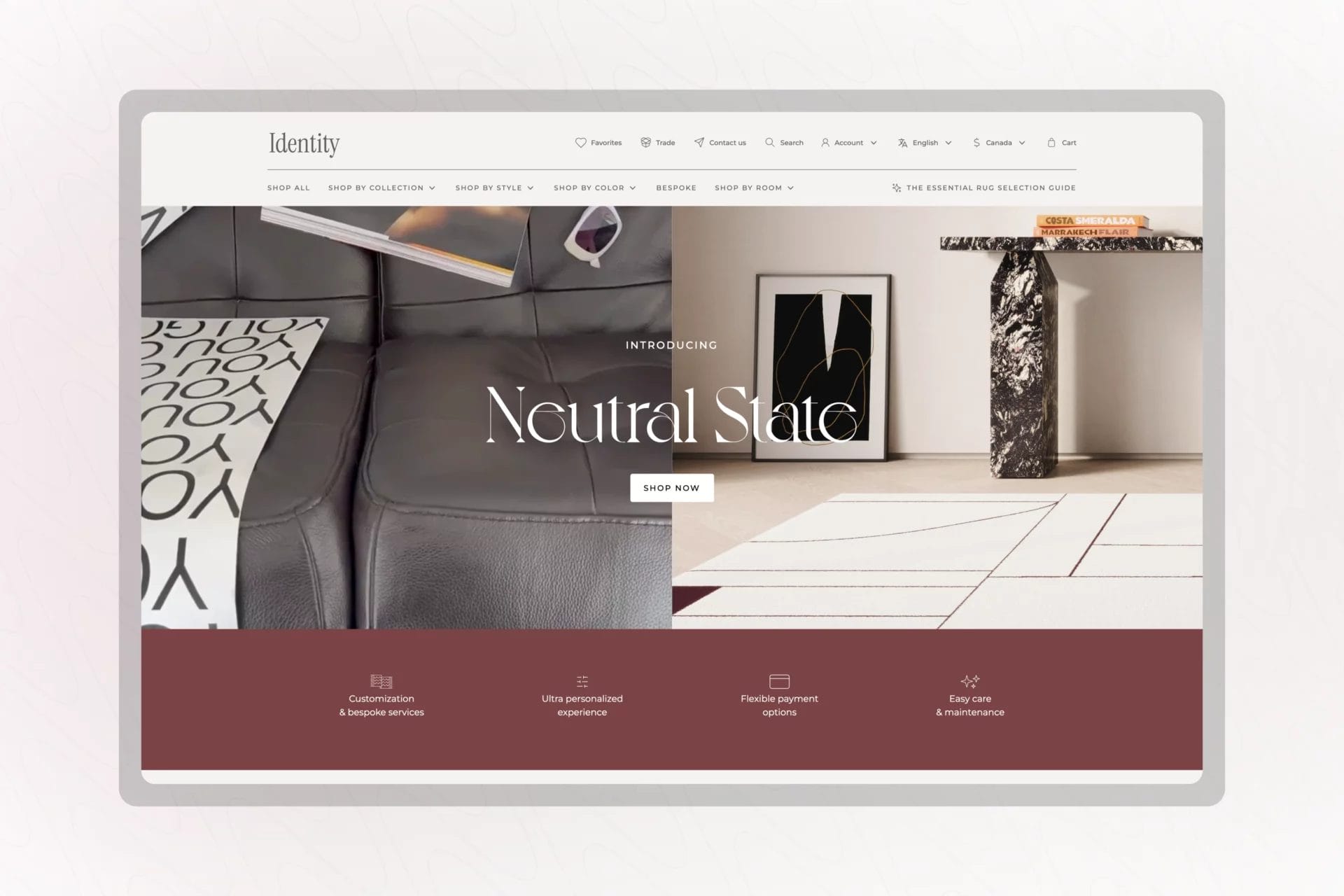 Online store landing page design UI showing Home Interior design with special crafted rugs