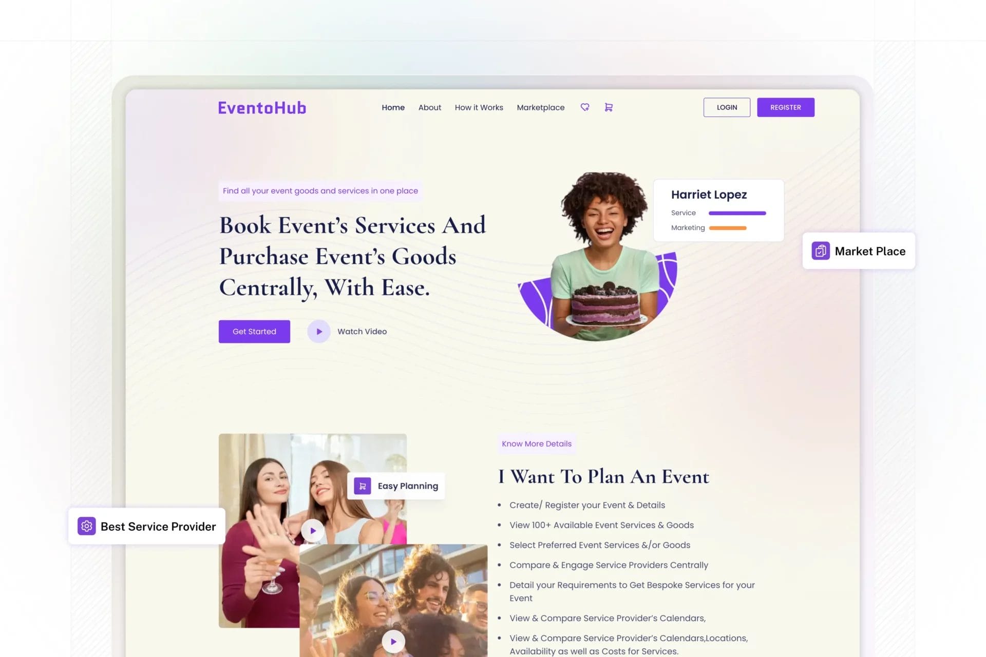 Homepage UI design of an event management SaaS marketplace platform with service booking and marketplace features