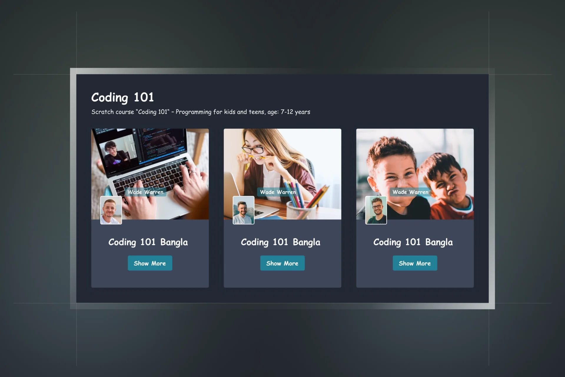 A Berlin Based Ed-Tech Platform that provide online course and resourse for kids,website mokup showing mockup of courses thumbnails.