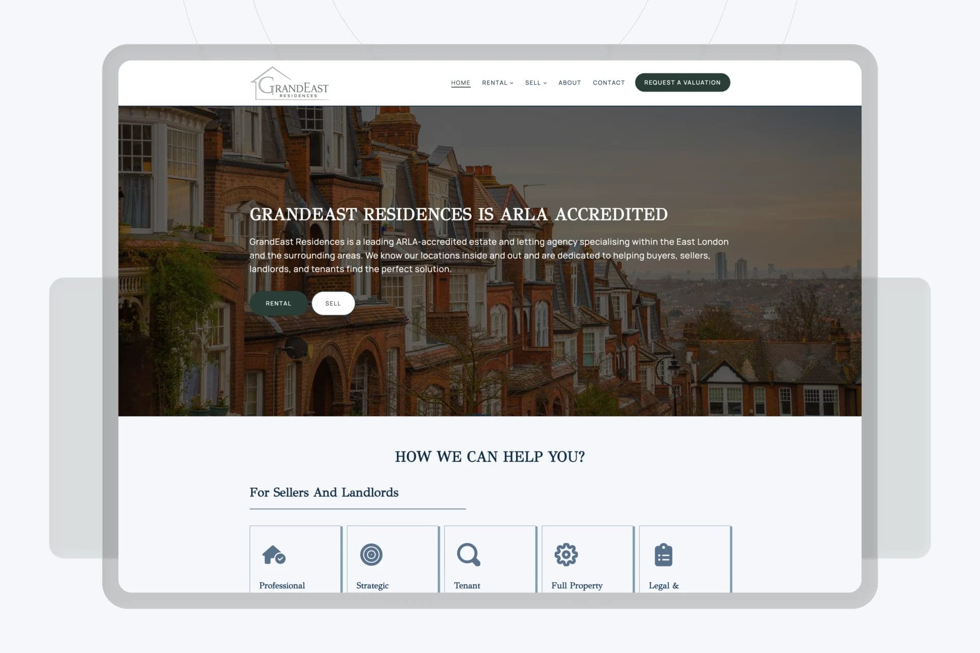 East Home Estate web app mockup showing home page view