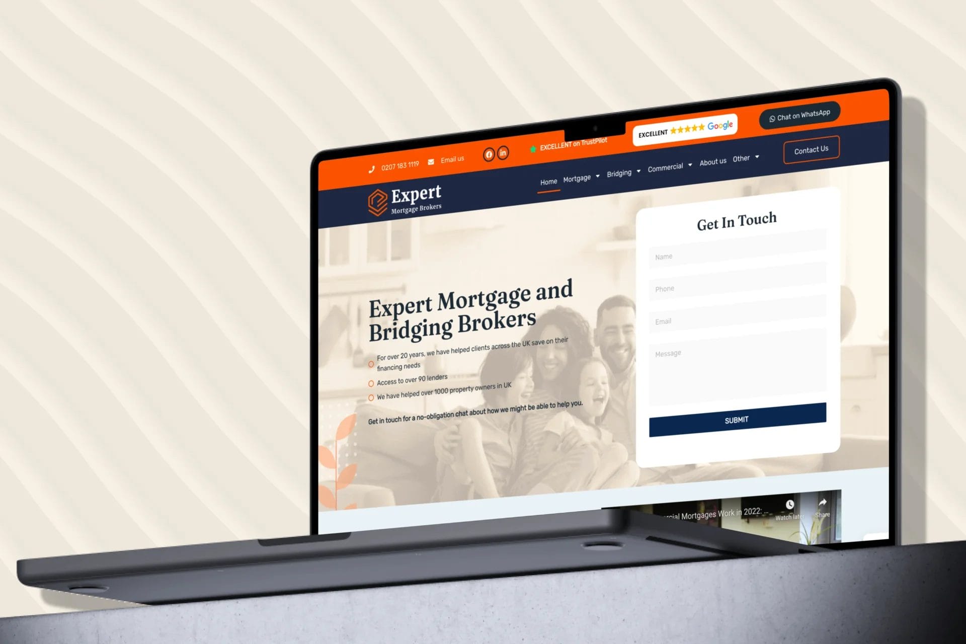Expert Mortgage Brokers Web App Mockup displaying Hero Section with get in touch form