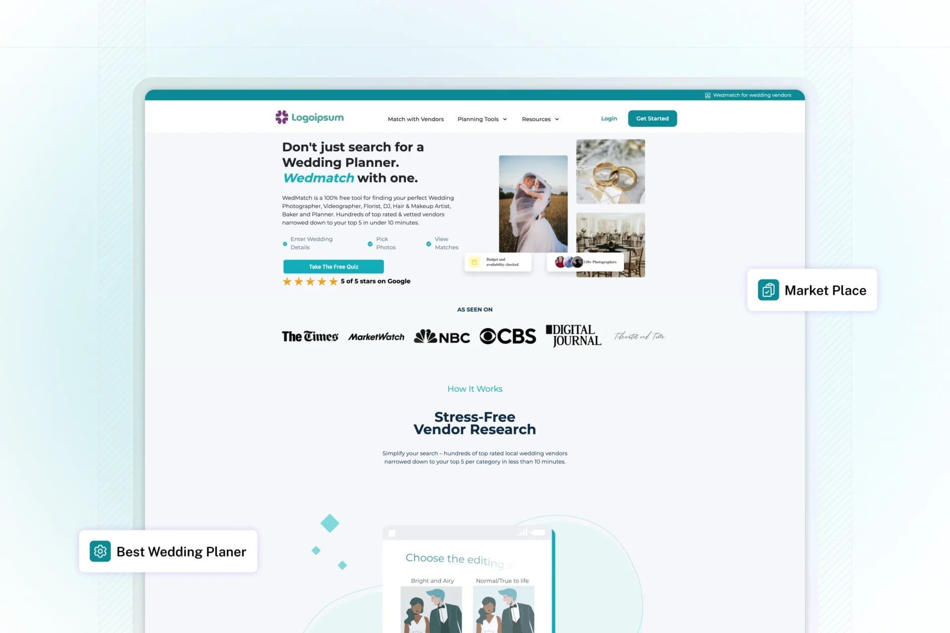 WedMatch web application mockup thumbnail displaying home page view, hero section, etc.