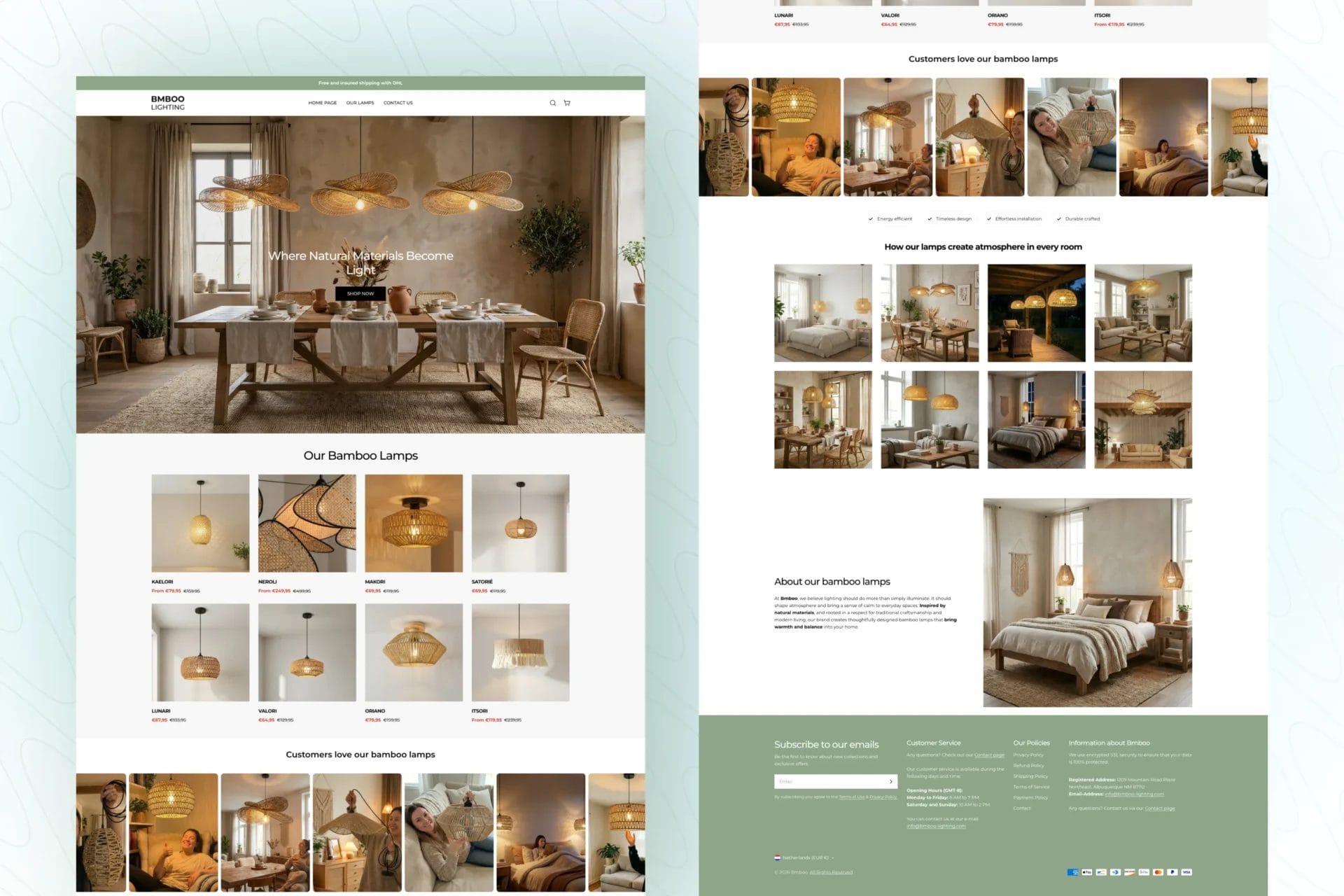 Bmboo Lighting bamboo lamps ecommerce website homepage UI with product grid and lifestyle gallery