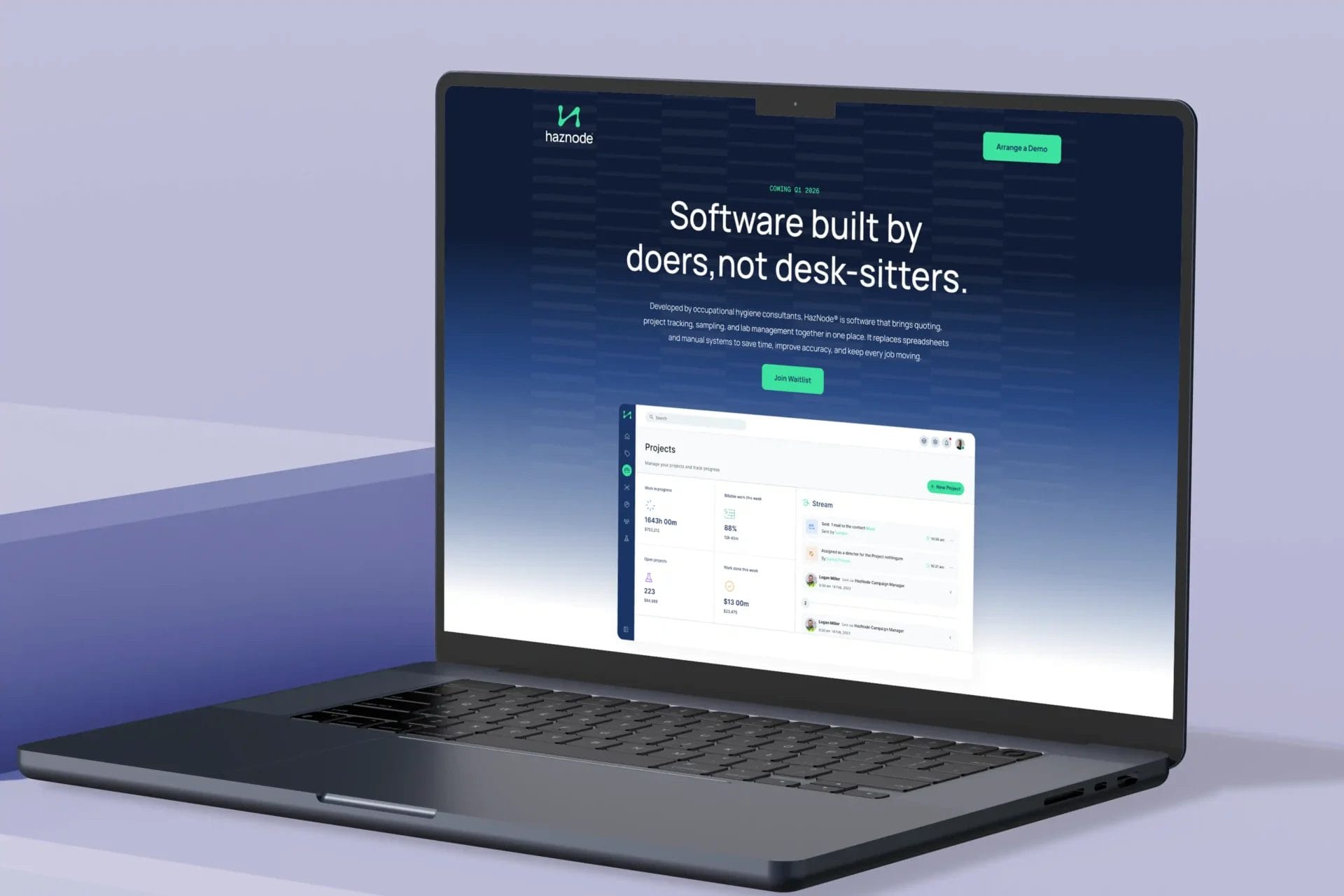 Laptop mockup showing Haznode SaaS dashboard for occupational hygiene project tracking and lab management.