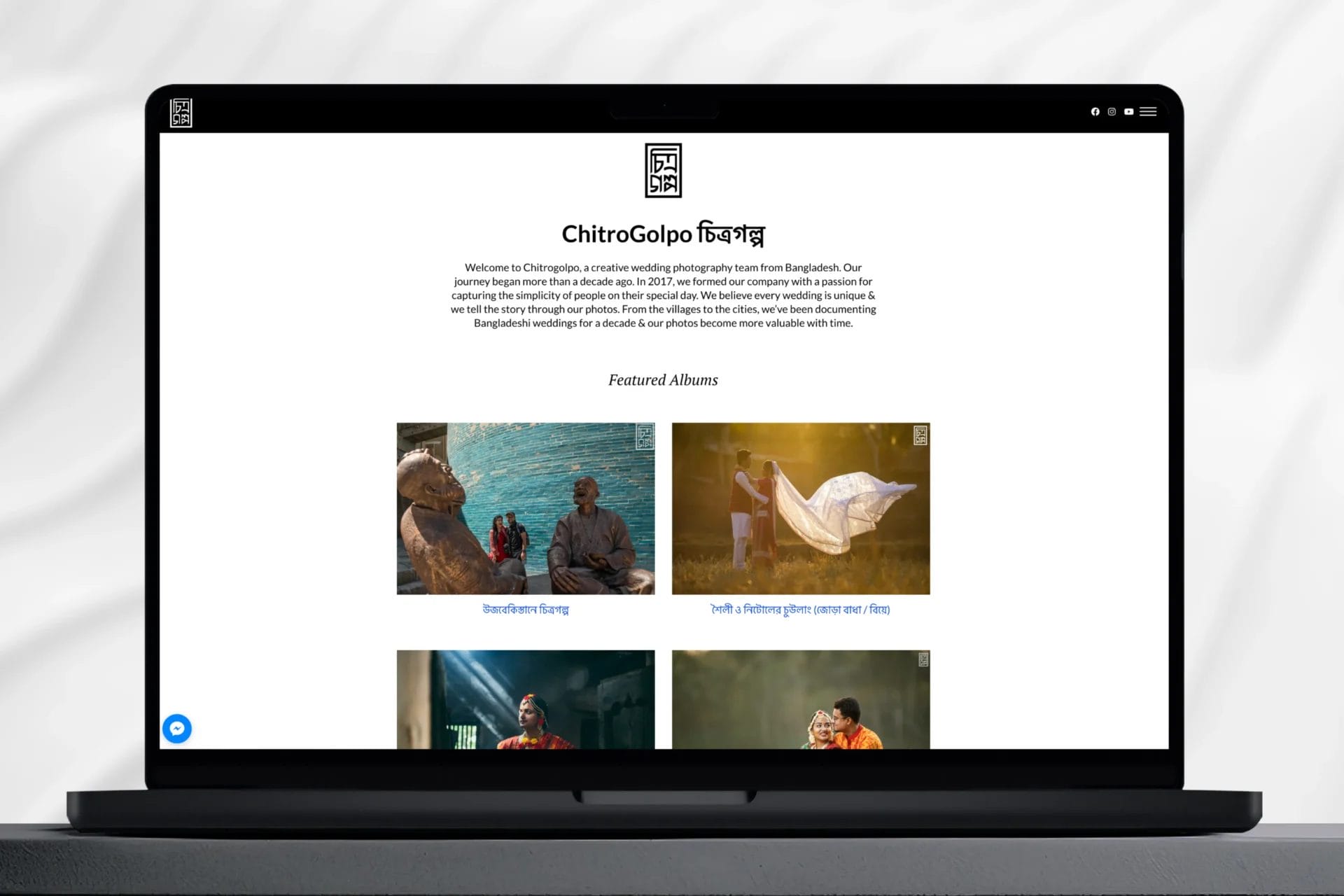 Chitrogolpo photography website homepage mockup showing featured wedding albums on a laptop screen