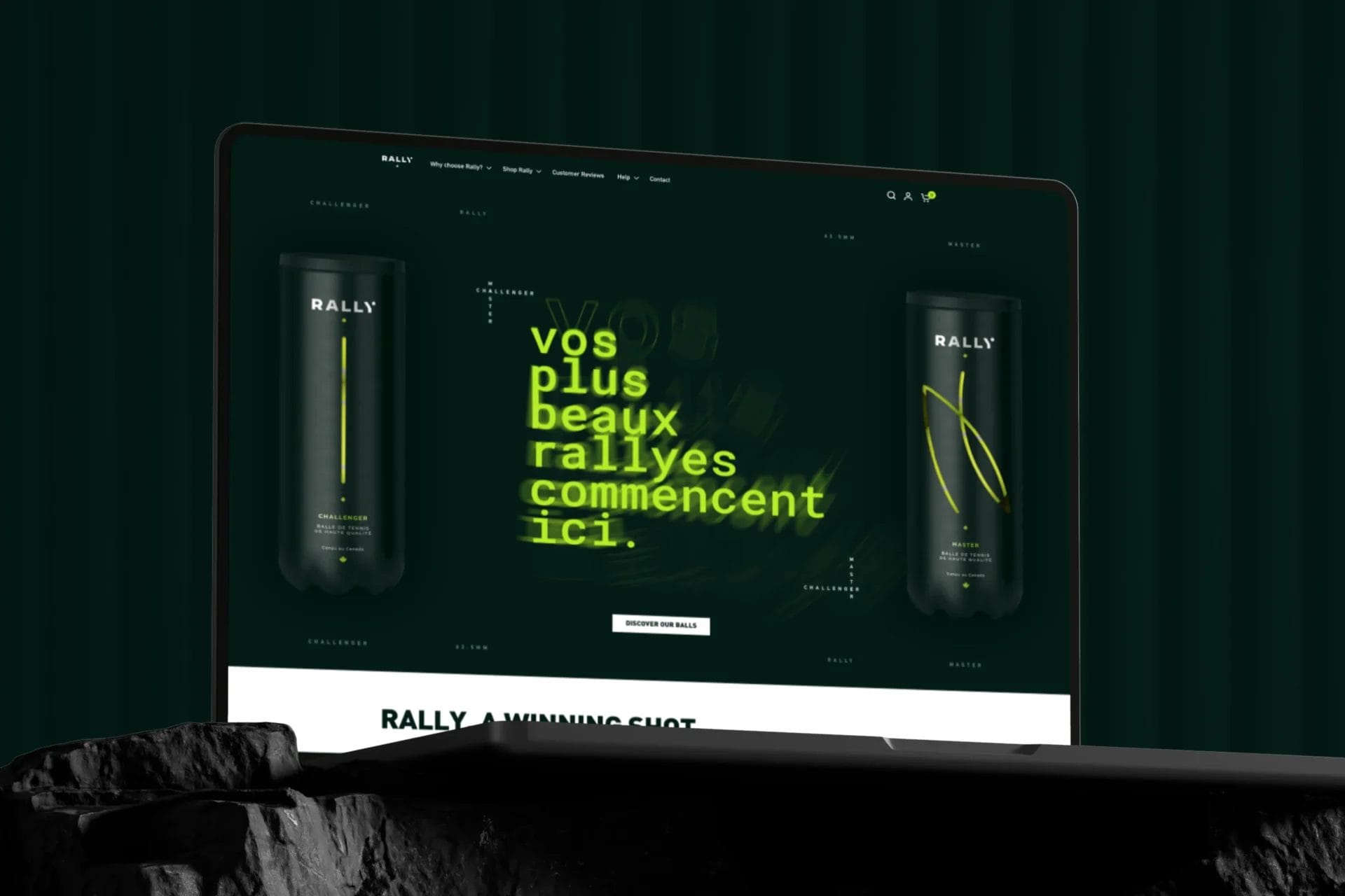 Rally Shopify store homepage displayed on a laptop screen showing tennis ball products
