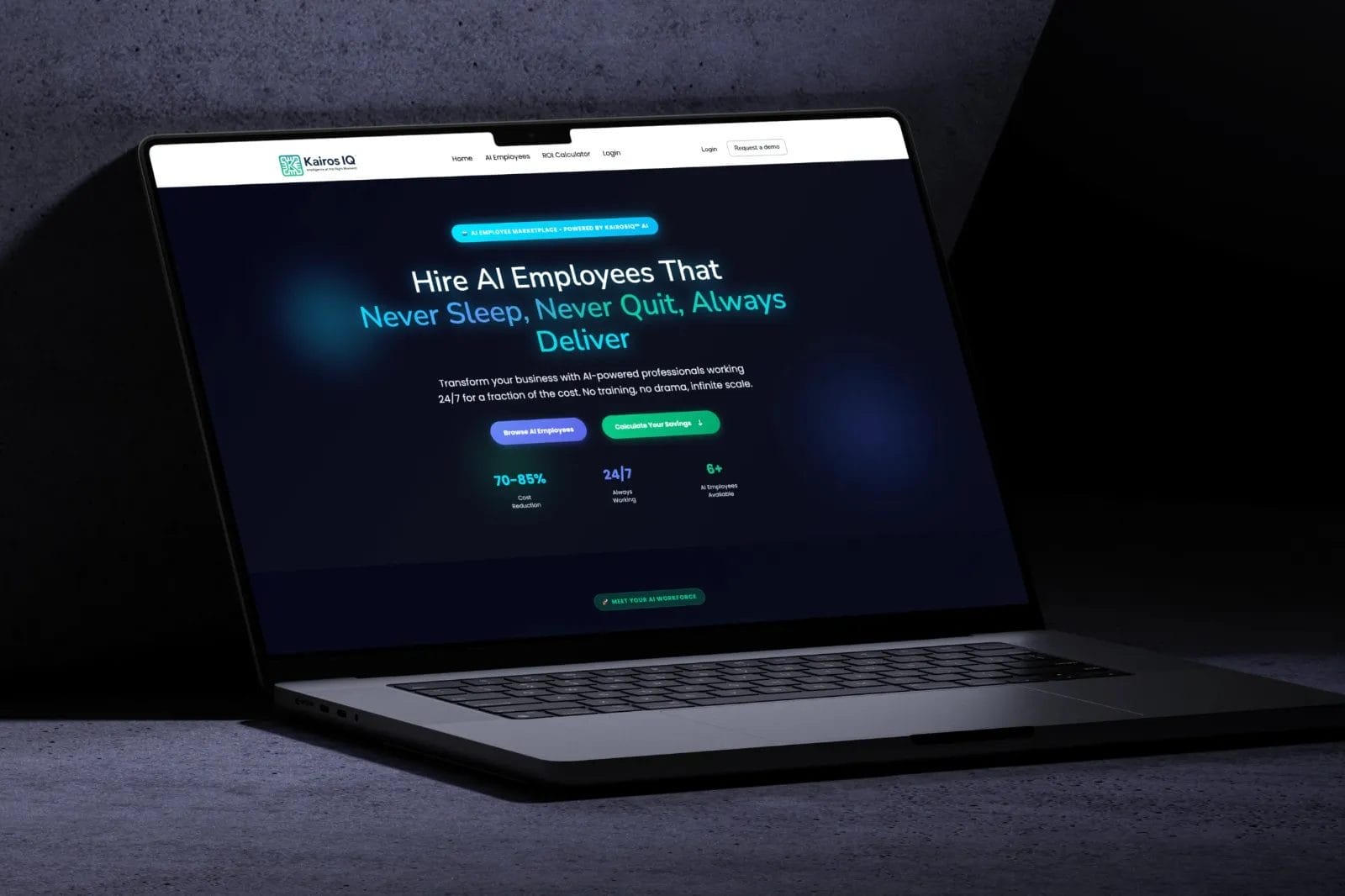 KairosIQ- AI Powered CRM Web Appliction developed for Managing Real Estate Businesses UI Mockup showing hero Image on a laptop screen.