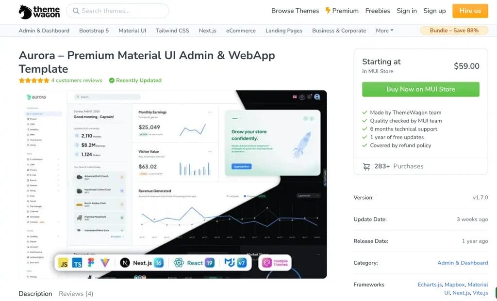 Aurora premium Material UI admin dashboard template for professional web applications