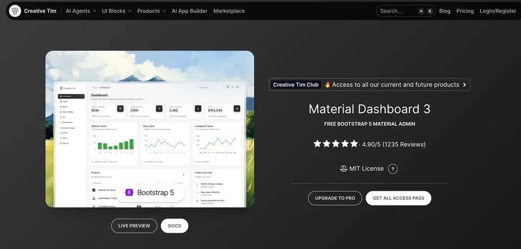 Material Dashboard 3 free Bootstrap 5 admin dashboard template for modern applications