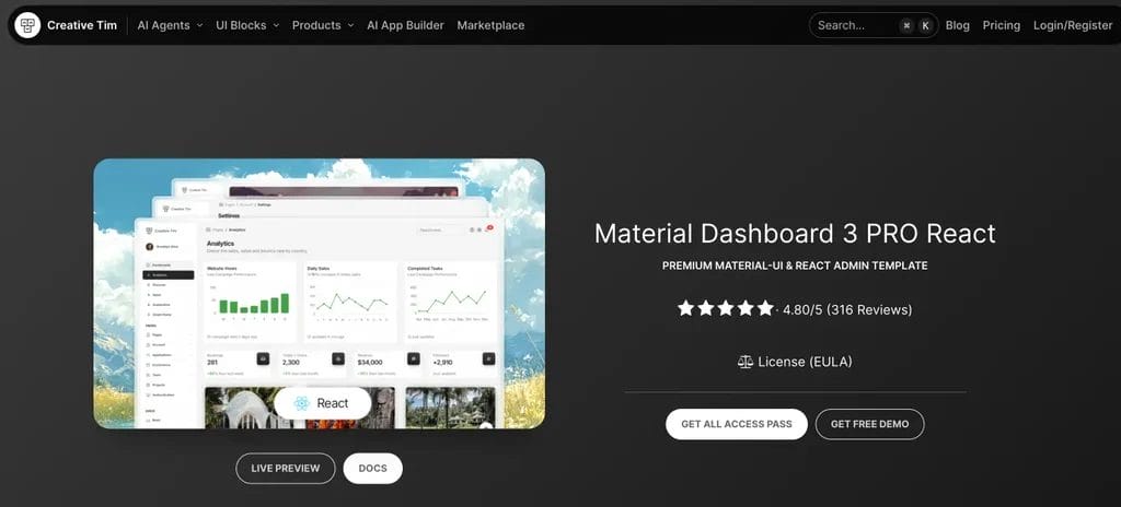Material Dashboard PRO React premium admin template for React web applications.