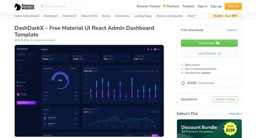 DashDarkX free Material UI React admin dashboard template for modern web applications