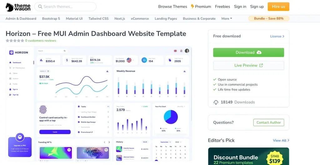 Horizon MUI free MUI React admin dashboard template for modern web applications