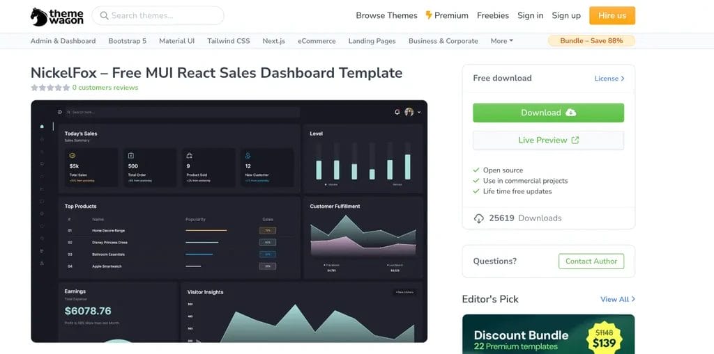 NickelFox free MUI React admin dashboard template for sales and analytics platforms